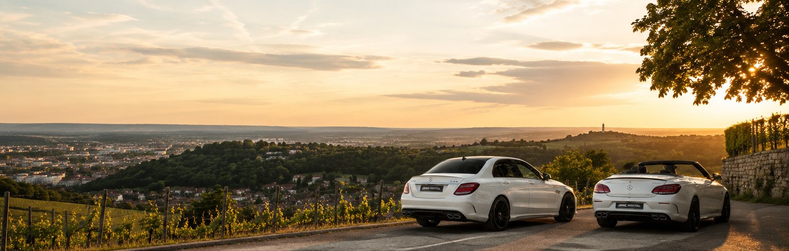 Mercedes-AMG C 63 S Limousine und Cabrio auf einer Anhöhe bei Stuttgart im Abendlicht