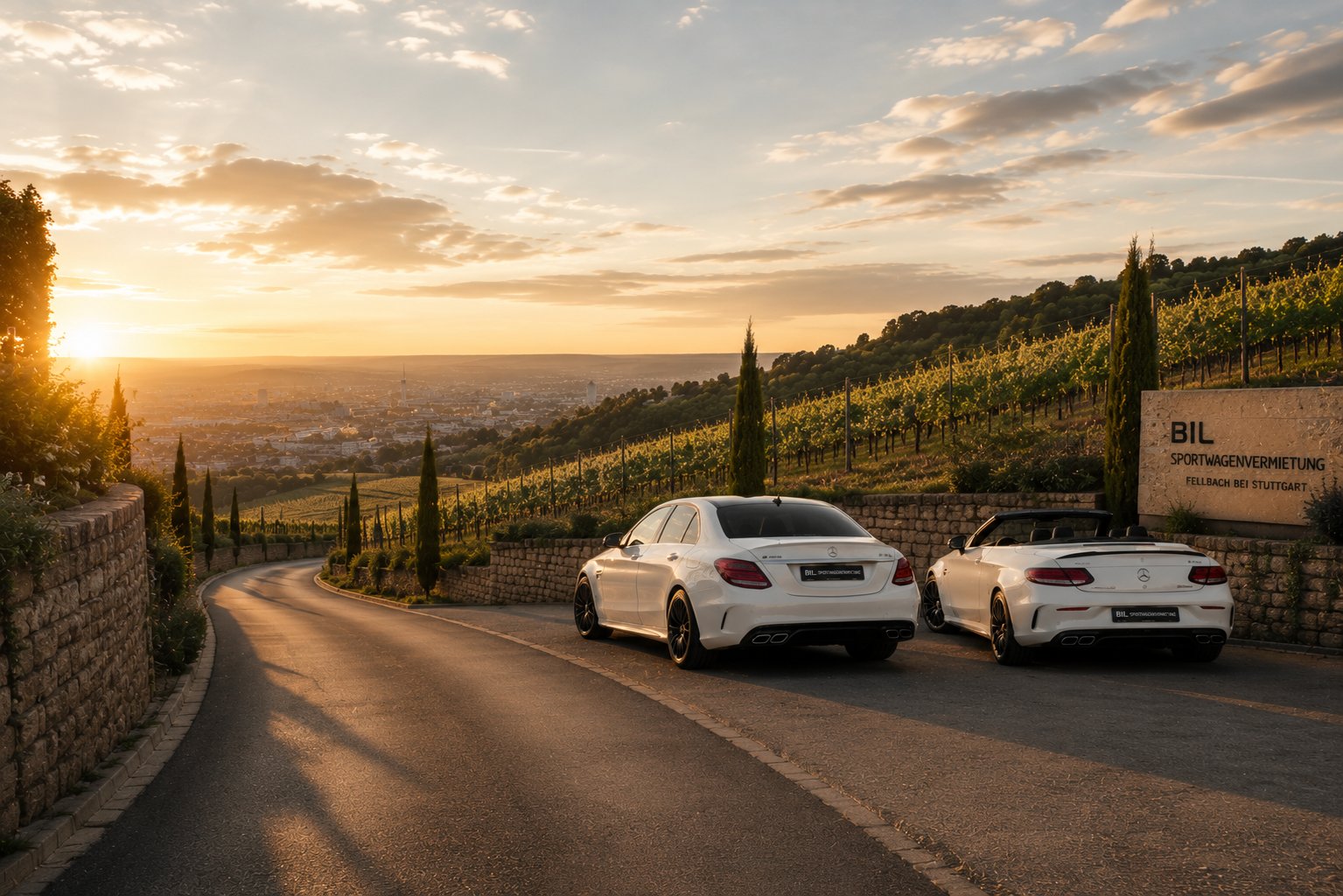 Mercedes-AMG C 63 S Limousine und Cabrio vor dem BIL Sportwagenvermietung Schild in Fellbach