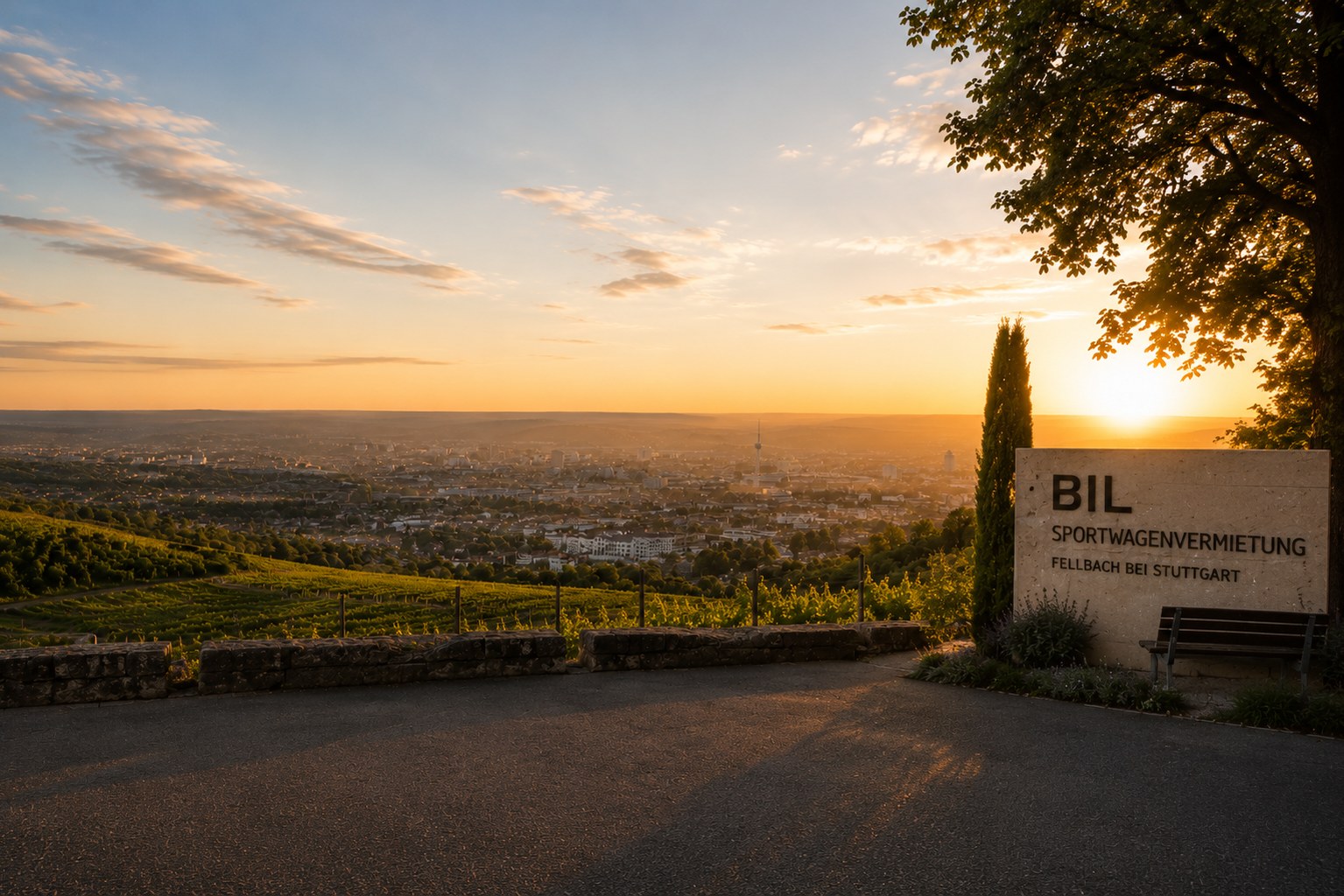 BIL-Sportwagenvermietung-Schild am Aussichtspunkt Kappelberg Fellbach im Sonnenuntergang
